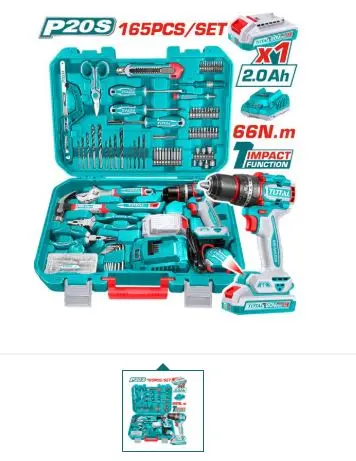 Coffret outillages 165pcs avec perceuse 20V TOTAL