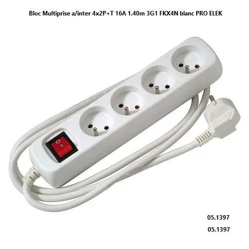 Bloc Multiprise a/inter 4x2P+T 16A 1.40m 3G1 FKX4N blanc PRO ELEK