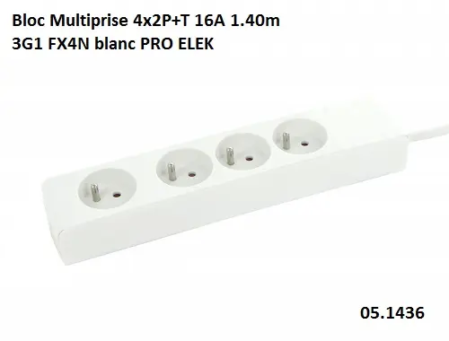 Bloc Multiprise 4x2P+T 16A 1.40m 3G1 FX4N blanc PRO ELEK