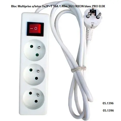 [05.1396] Bloc Multiprise a/inter 3x2P+T 16A 1.40m 3G1 FKX3N blanc PRO ELEK