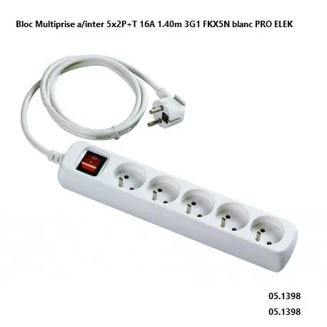 [05.1398] Bloc Multiprise 5x2P+T 16A 1.40m 3G1 a/inter FKX5N blanc PRO ELEK