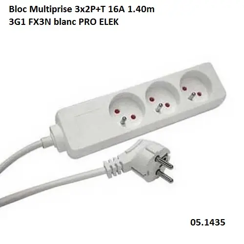 [05.1435] Bloc Multiprise 3x2P+T 16A 1.40m 3G1 FX3N blanc PRO ELEK